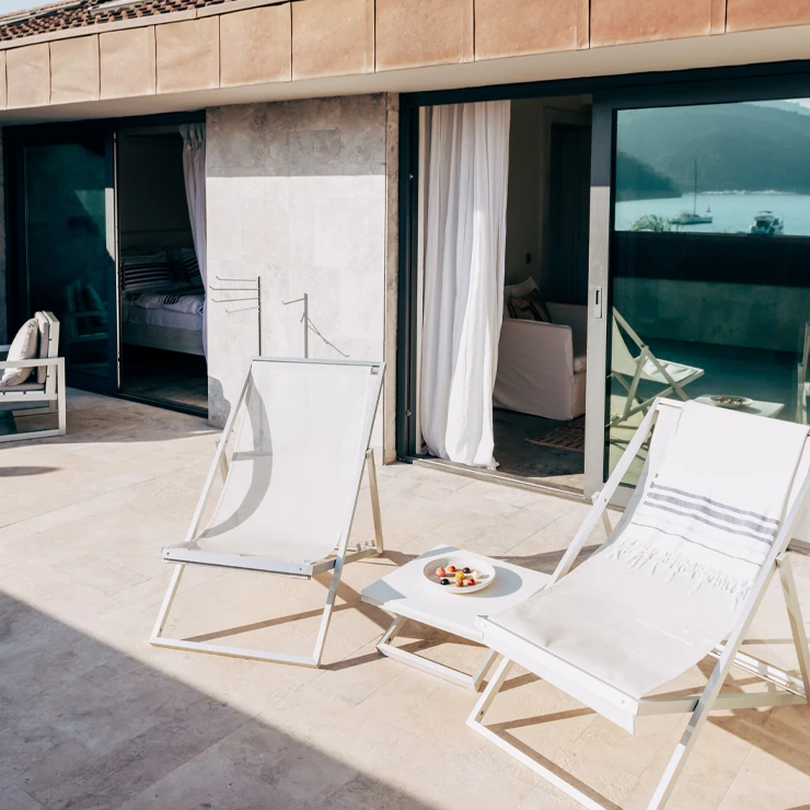 Superior Suite terrace and bedroom at D Resort Gocek with coastal decor