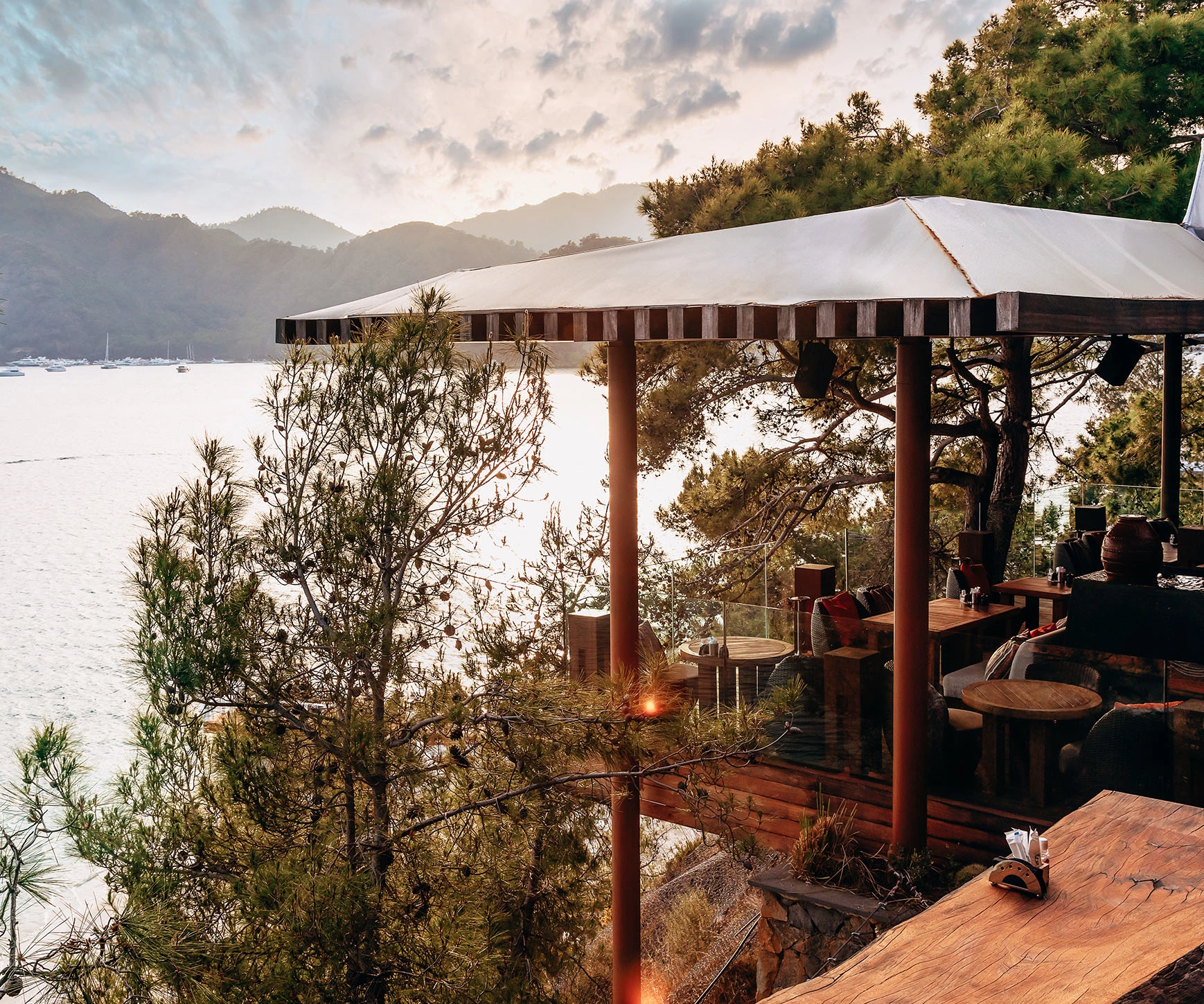 Q-Lounge at D Resort Gocek, a bay-view terrace nestled among pines