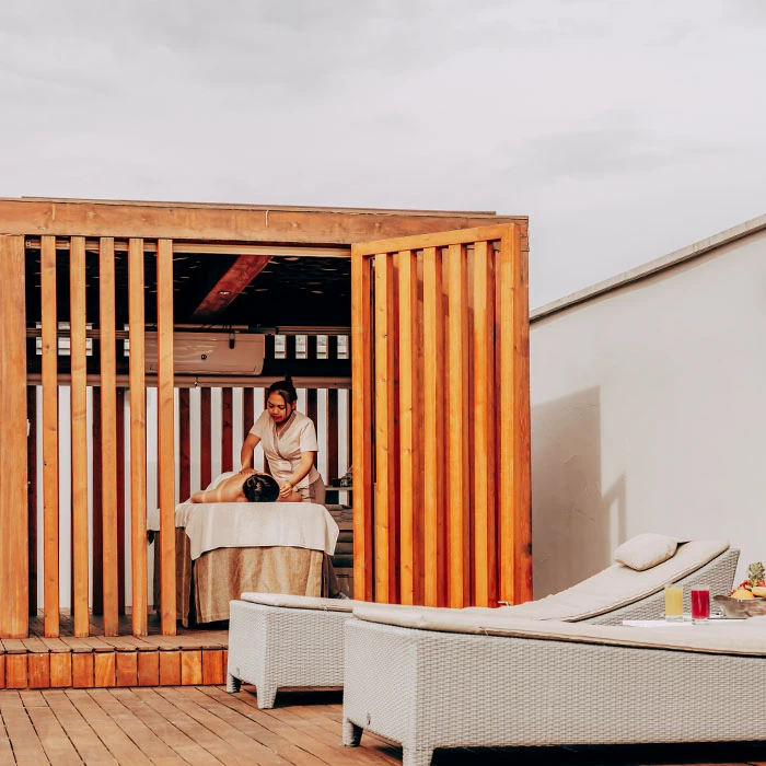 Wellness experience at D Resort Gocek with a wood-textured relaxation space
