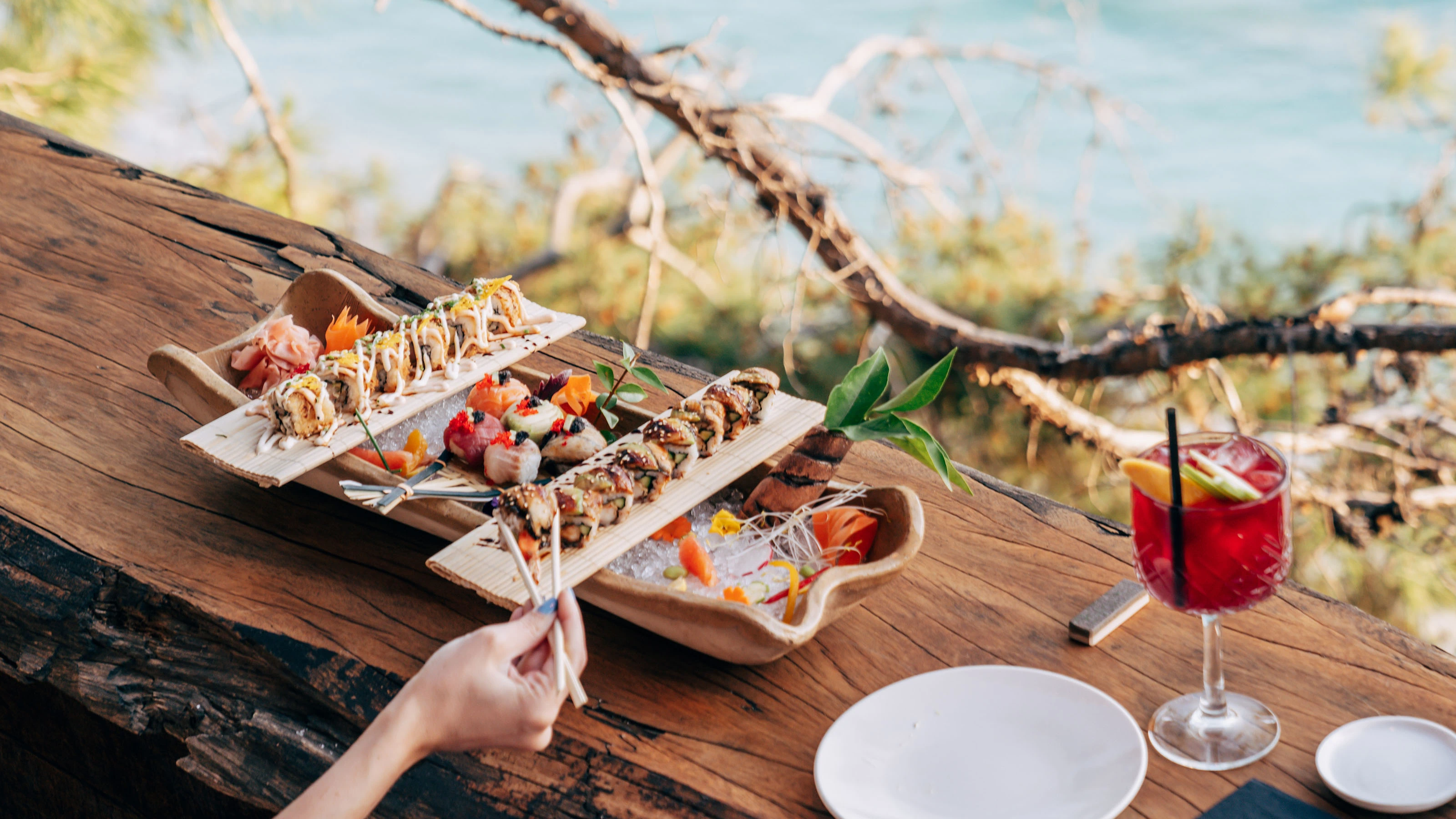 Sea-view sushi platter and cocktail at Q-Lounge, D Resort Gocek