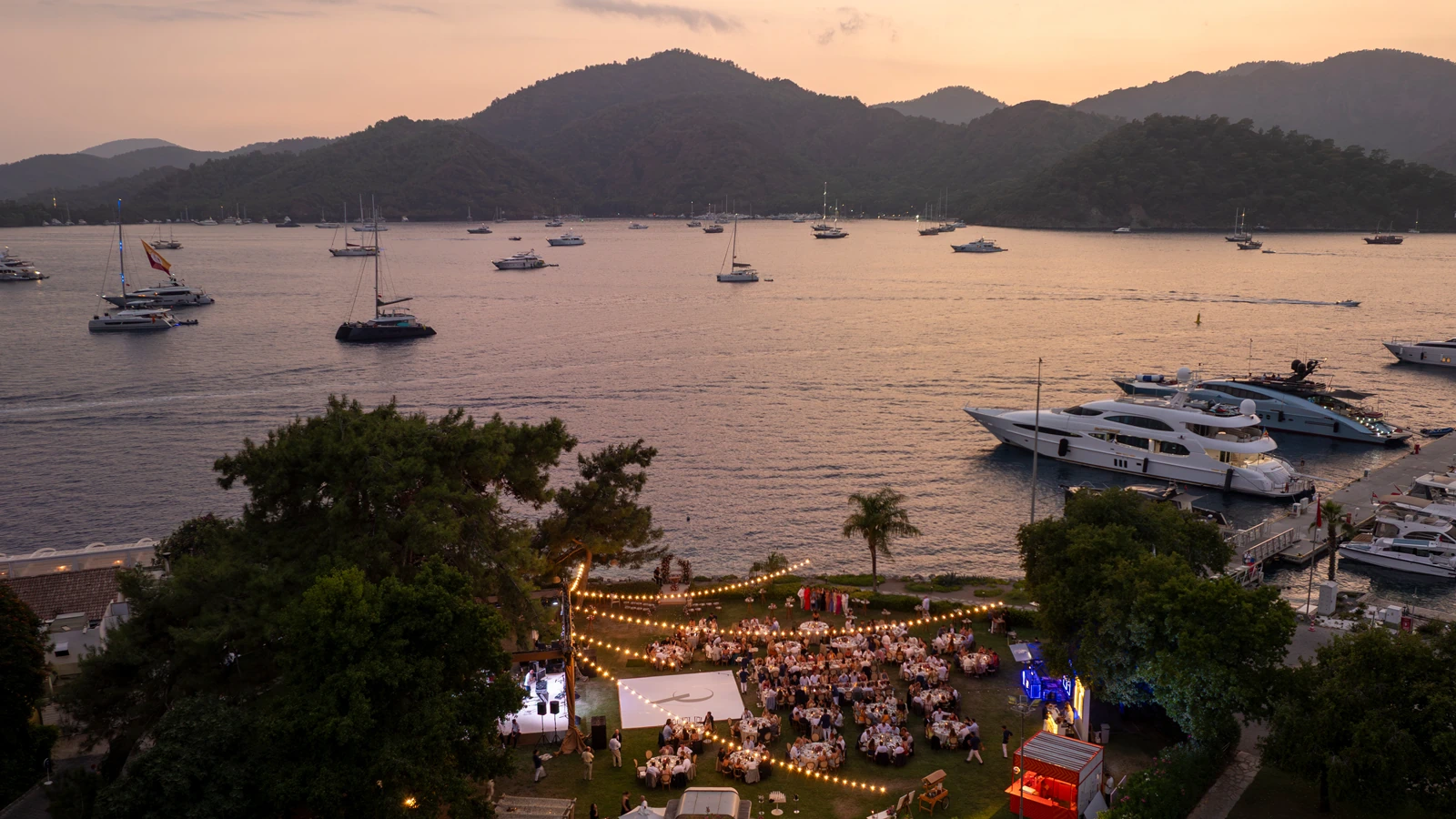 Sunset wedding gala at D Resort Gocek overlooking Gocek marina yachts